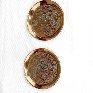 NEW-2PC Intricately Etched Peacock On Brass Plates